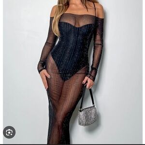 White Fox Elegant Black Sheer Look Back At It Midi Dress